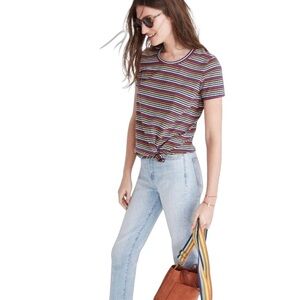Madewell Women's Size Medium Multicolor Cotton Knot Front Tee In Rainbow Stripe